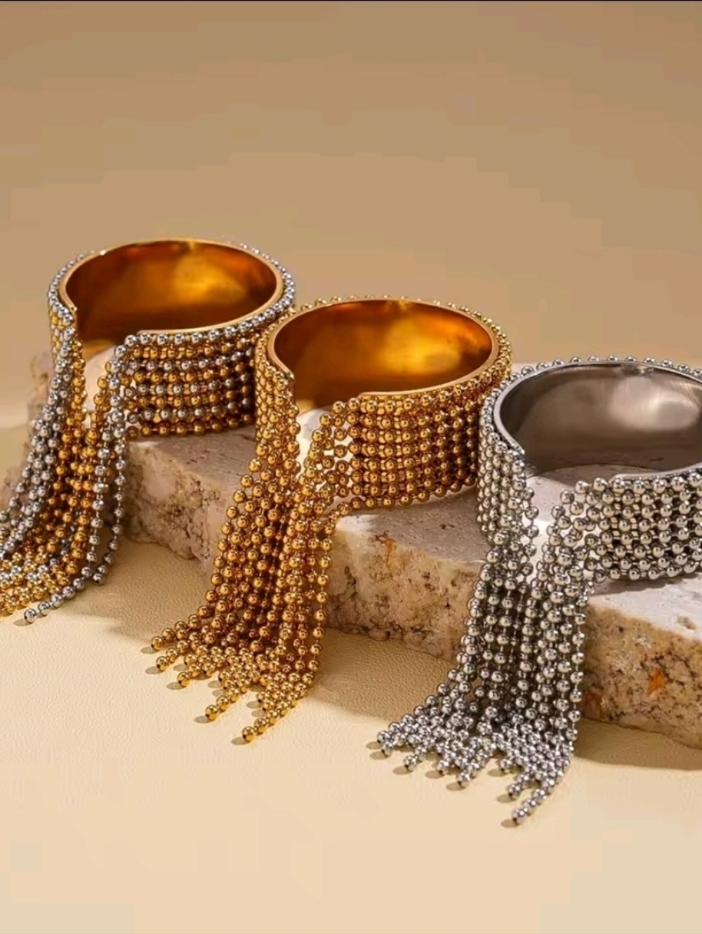 Gold and Silver Beaded Fringe Cuff Rings - Picture 4 of 5